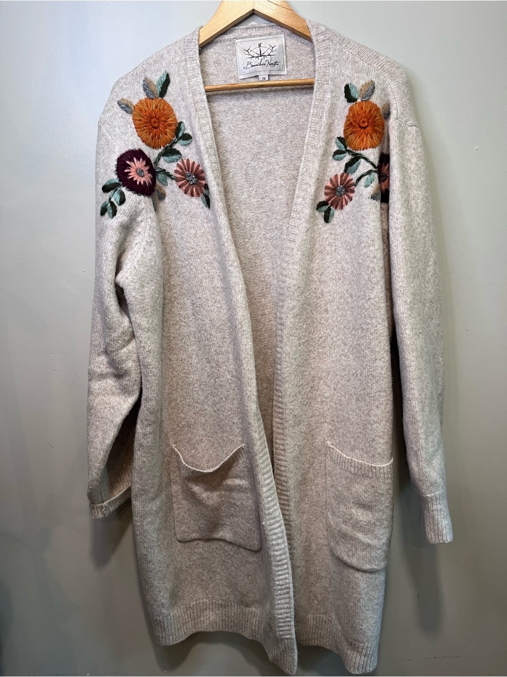 Embroidered Flower Open-Front Beige Cardigan by Belle + Sky